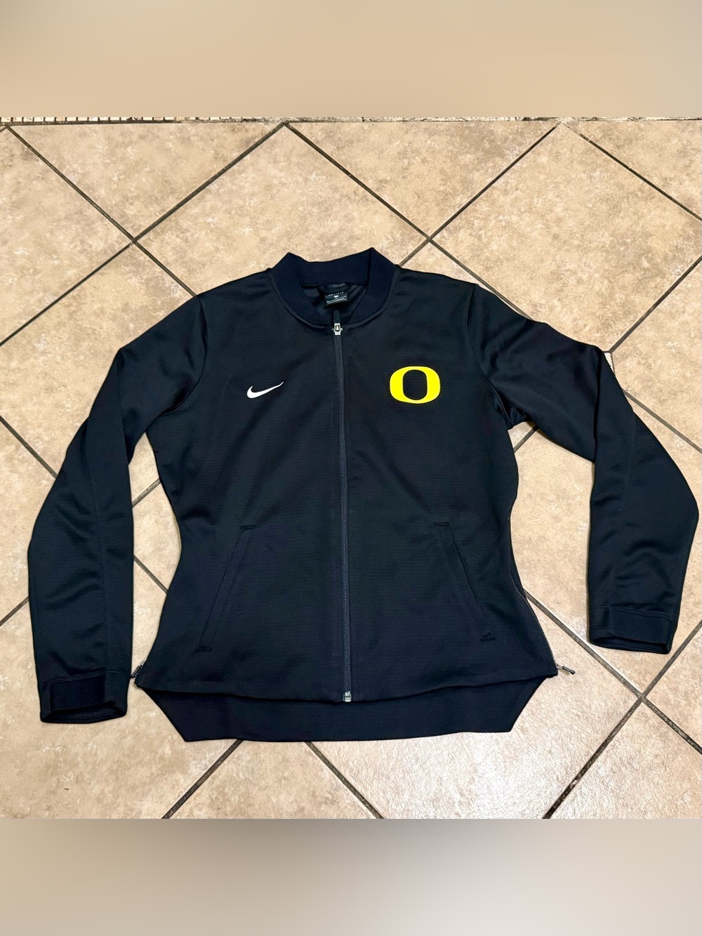 Nike Women's Black Zip-Up Jacket with Yellow Oregon 'O' Logo